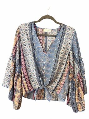 Lavender Field Boho Tie-Front Bell Sleeve Blouse